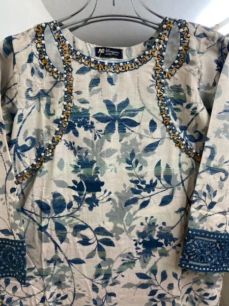 Pakistani Original Cotton Lawn Embroidered Stitched 3Pcs _ Beige 